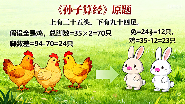 鸡兔同笼原题动态计算演示图，标题《孙子算经》原题“上有三十五头，下有九十四足”，分步动态标注：“假设全是鸡，总脚数=35×2=70只”、“脚数差=94-70=24只”、“兔=24÷2=12只，鸡=35-12=23只”，搭配卡通鸡兔形象验证答案，整体风格清晰直观，童趣风格，适合六年级小学生，分辨率1080P