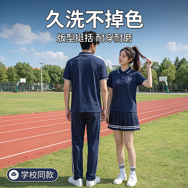 [主图-3] 夏季短袖校服套装第三张，双人模特背面+侧面组合展示，校园操场场景。
[氛围风格] 阳光运动校园风，活力满满，真实学生运动场景。
[画质] 超高清商业摄影质感，光线明亮通透，人物与服装清晰真实，细节丰富。
[元素] 画面中一男一女两位年轻学生模特（与前两张为同一对模特），均穿着藏青色夏季短袖Polo校服套装，服装细节与产品图完全一致：藏青色Polo翻领、领口袖口白色细边、左胸圆形CCQ标识、门襟纽扣。男生藏青色长裤带侧白边，女生藏青色百褶短裙带裙摆白条纹。男生呈背面视角，展示服装背部版型和裤侧白边细节，双手自然垂于身侧；女生呈45度侧面视角，侧身看向男生，展示侧面腰线和裙摆百褶细节，右手轻撩头发。两人站在校园操场跑道旁，背景是红色塑胶跑道和绿色草坪，远处有篮球架和蓝天白云。画面满屏无边框，人物全身完整。**保持服装外观与输入产品图完全一致，杜绝变形和色差**。商品主体占比约65%。
[光影] 正午明亮自然光，顶光偏前，光线充足均匀，服装颜色饱和真实，阴影清晰不生硬，整体明亮有活力。
[配色] 主色调藏青色+红色跑道+绿色草坪+蓝天；辅助色白色（装饰边、标线）。
[视角构图] 平视角度，双人左右分布一背一侧，形成视角对比，全身完整展示，景深较大，背景操场场景清晰。
[文字版式] 画面顶部居中大字白色「久洗不掉色」，下方小字「版型挺括 耐穿耐磨」。左下角小图标+文字「学校同款」，白字藏青底圆角标签。文字不遮挡人物头部和服装主体。
[输出要求] 1:1正方形比例，文字清晰可辨，超高清商业摄影质感。
[负向提示词] 变形，文字错乱，服装模糊，背景杂乱，水印，电商平台Logo，多余的手，多余的手指，畸形手，融合手指，手部扭曲，肢体穿模，人物面部扭曲，关节反折。