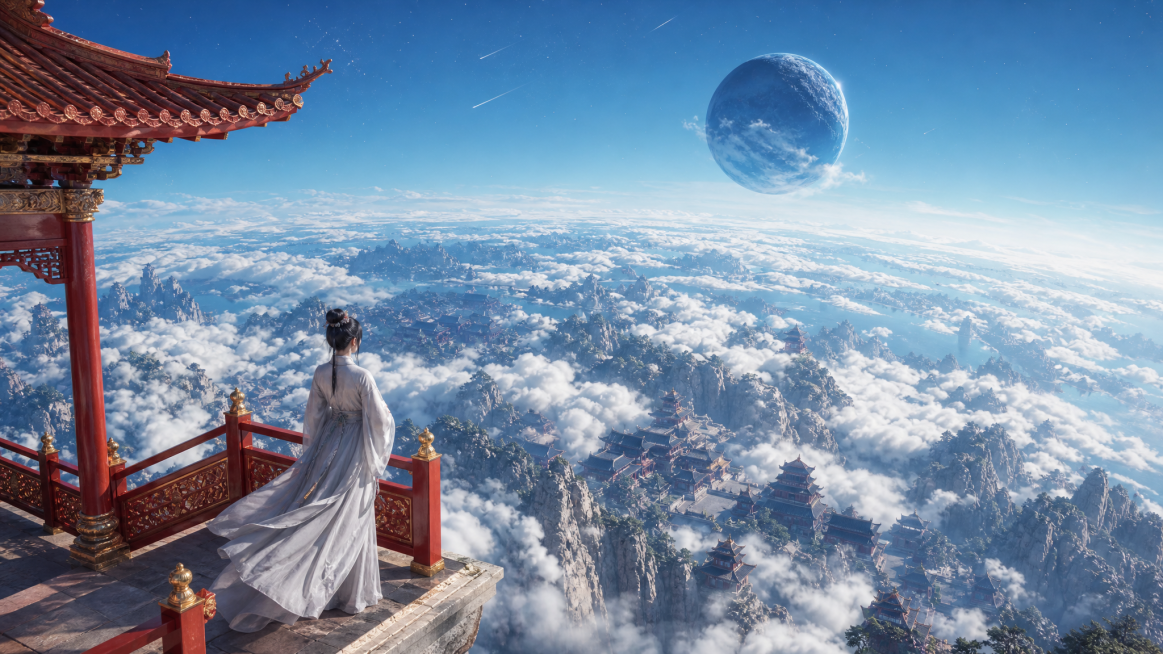 横屏16:9高空俯拍纵深运镜，镜头0.3倍速顺着星球曲面云海向远方延伸，白衣古装女子在画面左下角红漆观景露台，星球弧线横向铺展整片星际云海仙域全景，固定高空俯视视角。女子衣摆被高空气流轻轻飘拂；蓬松云预览效果