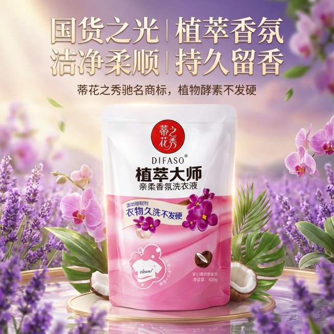 我是网店卖家，产品是我是网店卖家，产品是老品牌国货,蒂花之秀驰名商品袋装洗衣液，洗衣洁净，香味持久，根据你的经验帮我生成一个电商主图，提升一些洗衣液主体质感，切记不要出现网络违禁词,略微提升质感包装袋预览效果