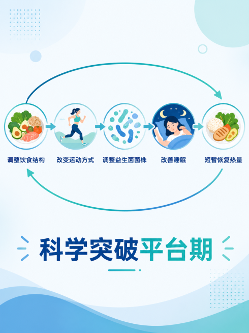 信息图表风格，五个圆形图标排列成行，分别代表"调整饮食结构""改变运动方式""调整益生菌菌株""改善睡眠""短暂恢复热量"，每个图标下方标注方法名称，中间用箭头串联成一个闭环，下方标注"科学突破平台期预览效果