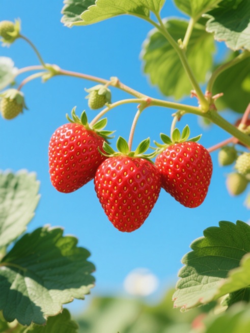 三颗饱满鲜红的草莓挂在藤蔓上，草莓表面布满黄色小点，顶部带有绿色的叶子，周围环绕着更多绿色的草莓叶，背景是明亮的蓝色天空，阳光照射下草莓和叶子呈现出清晰的光影效果和鲜艳的色彩，写实风格，高清细节，充满自然清新的氛围。预览效果