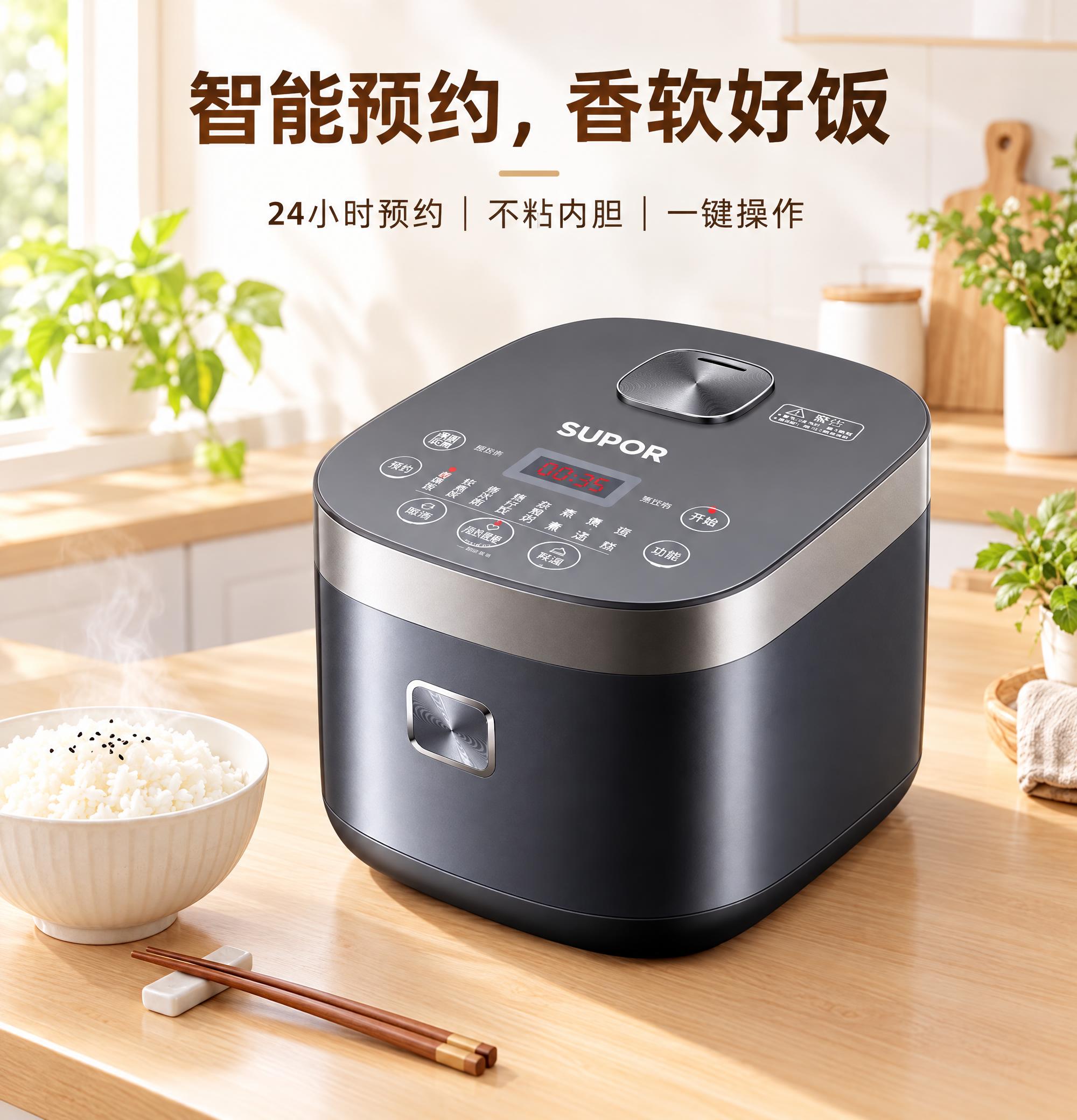 现代简约风格电饭煲电商海报，主色调白色和浅木色，温馨家庭氛围。… - 图片创意预览
