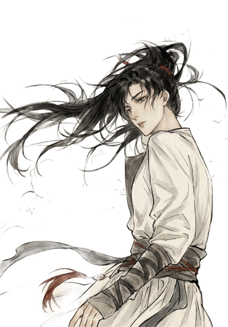 生成以该图为参考的古风男生立绘，保留人物高马尾、白衣的特征，整体保持水墨插画风格，画面细腻预览效果