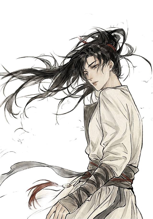 生成以该图为参考的古风男生立绘，保留人物高马尾、白衣的特征，整体保持水墨插画风格，画面细腻