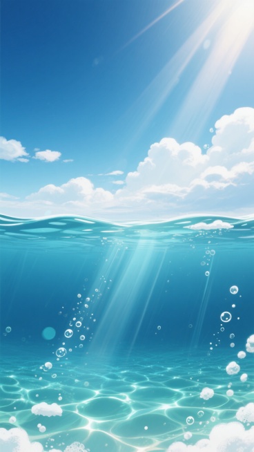 一张数字插画风格的海面与水下交界图，画面上半部分是渐变的深蓝色天空，点缀着几缕白色的云朵，阳光从云层间隙中洒落，形成柔和的光束；下半部分是清澈的海水，阳光透过水面形成波光粼粼的光影效果，水面上漂浮着一些白色的泡沫，水下有许多细小的气泡和水波纹，整体色调以蓝色为主，营造出宁静、清新的氛围，光线变换为柔和的午后阳光，阳光从画面左侧斜射下来，在水面上形成长长的光影，使海水呈现出更深邃的蓝绿色。预览效果