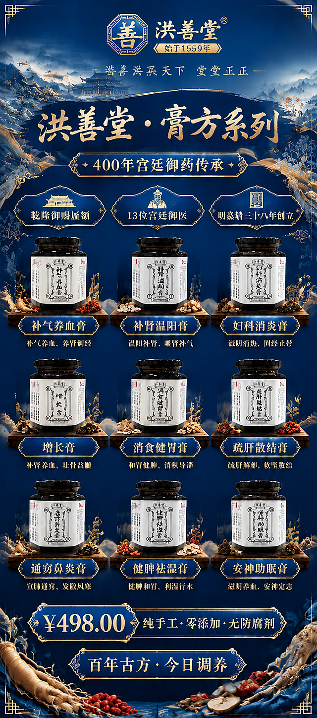 基于上传的洪善堂蓝金风格膏方展架，进行以下修正和优化，生成高清喷绘级大图：

【文字校正清单——必须全部修正为正确文字】
1. 第一个背书标签："乾隆御赐匾额"（当前"鞍隆"为错字，改为"乾隆"）
2. 第一行第一款膏方名称："补气养血膏"，功效"补气养血、养肾调经"（瓶身标签文字需清晰正确）
3. 第一行第二款膏方名称："补肾温阳膏"，功效"温阳补肾、暖肾补气"（瓶身标签文字需清晰正确）
4. 第一行第三款膏方名称："妇科消炎膏"，功效"滋阴清热、固经止带"（瓶身标签文字需清晰正确）
5. 第二行第一款膏方名称："增长膏"，功效"补肾养血、壮骨益髓"（瓶身标签文字需清晰正确）
6. 第二行第二款膏方名称："消食健胃膏"，功效"和胃健脾、消积导滞"（瓶身标签文字需清晰正确）
7. 第二行第三款膏方名称："疏肝散结膏"，功效"疏肝解郁、软坚散结"（瓶身标签文字需清晰正确）
8. 第三行第一款膏方名称："通窍鼻炎膏"，功效"宣肺通窍、发散风寒"（瓶身标签文字需清晰正确）
9. 第三行第二款膏方名称："健脾祛湿膏"，功效"健脾和胃、利湿行水"（瓶身标签文字需清晰正确）
10. 第三行第三款膏方名称："安神助眠膏"，功效"滋阴养血、安神定志"（瓶身标签文字需清晰正确）
11. 底部CTA："百年古方·今日调养"（正确）
12. 价格："¥498.00"（正确）
13. 卖点："纯手工·零添加·无防腐剂"（正确）
14. 古训："洪善天下 堂堂正正"（正确）
15. 主标题："洪善堂·膏方系列"（正确）
16. 副标题："400年宫廷御药传承"（正确）
17. 第二个背书："13位宫廷御医"（正确）
18. 第三个背书："明嘉靖三十八年创立"（正确）
19. 品牌名："洪善堂" + "始于1559年" + 八角善字徽章logo（正确，居中放置）

【布局调整】
- 顶部logo（八角善字徽章+洪善堂+始于1559年）严格水平居中
- 古训"洪善天下 堂堂正正"在logo下方居中

【画质要求】
- 超高清4K喷绘级画质，所有文字锐利清晰无模糊
- 瓶身标签上的文字必须清晰可辨，无乱码、无错字、无变形
- 色彩精准，蓝金配色高级典雅
- 所有产品瓶身100%还原原图包装设计，标签文字准确

画面中所有文字必须精确渲染，无乱码、无错别字、无遗漏。