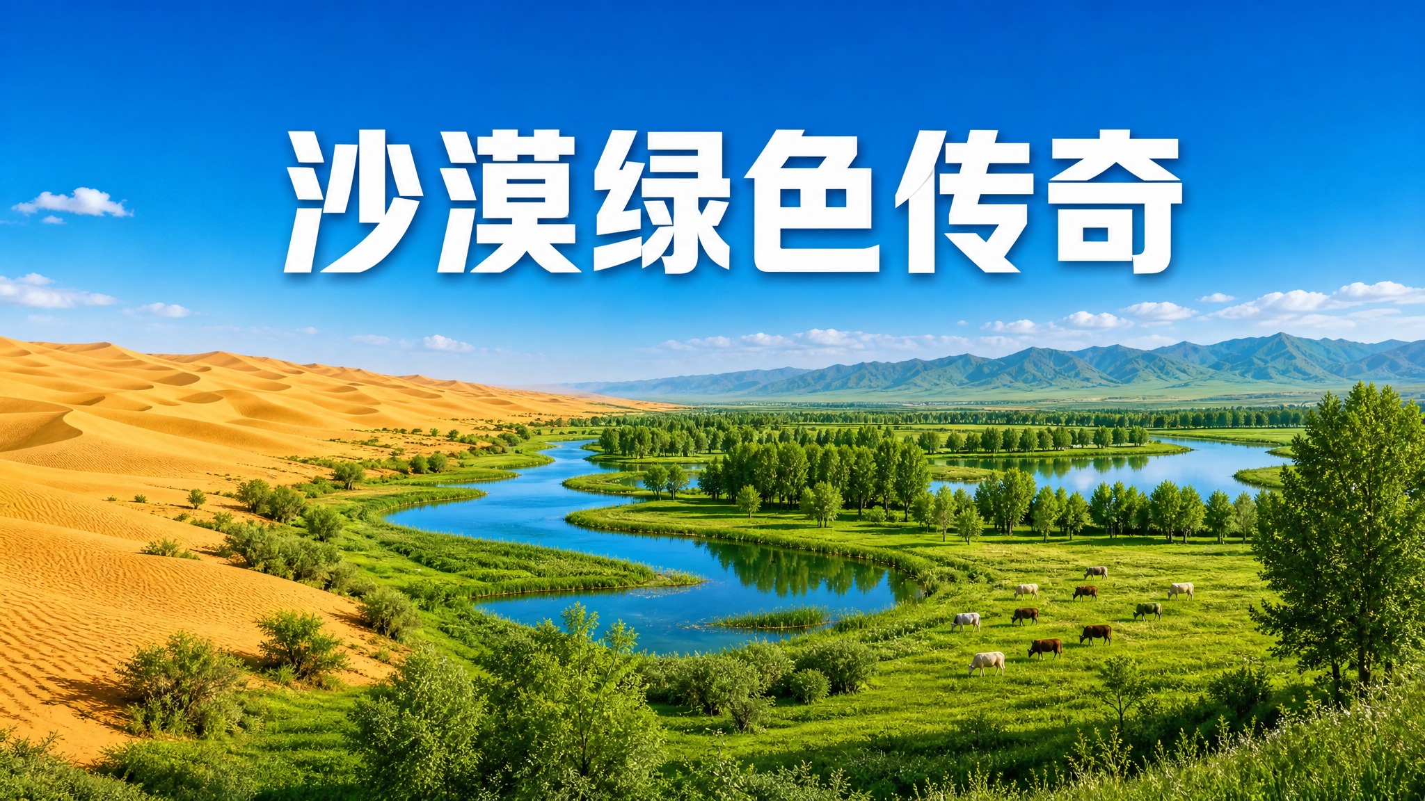 参考图风格：左侧金色沙漠沙丘，右侧绿色绿洲、蜿蜒河流、茂密树林… - 图片创意预览