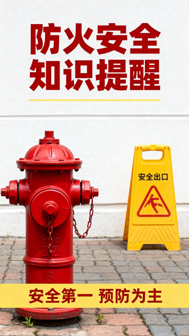 消防安全公益宣传海报，展示防火安全知识提醒，画面使用红色和黄色为主的警示配色，包含消防栓和安全出口标志元素，设计风格简洁醒目预览效果