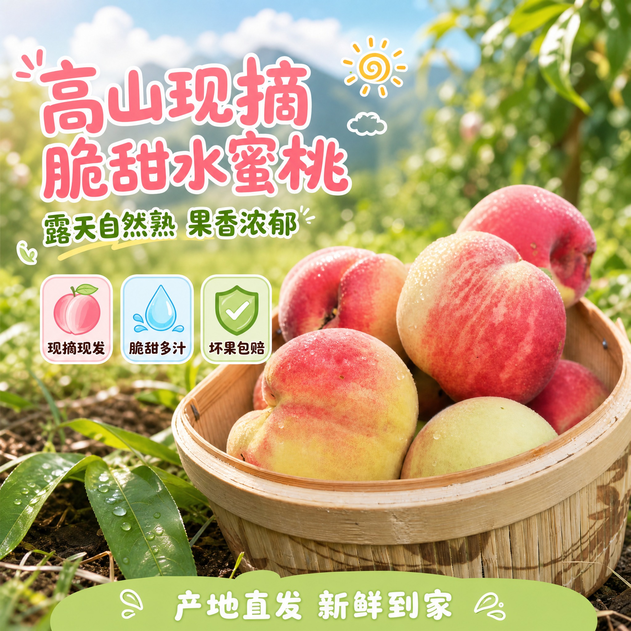 [单张主图] 高山露天种植新鲜脆甜水蜜桃 活泼清新风格 淘宝天… - 图片创意预览
