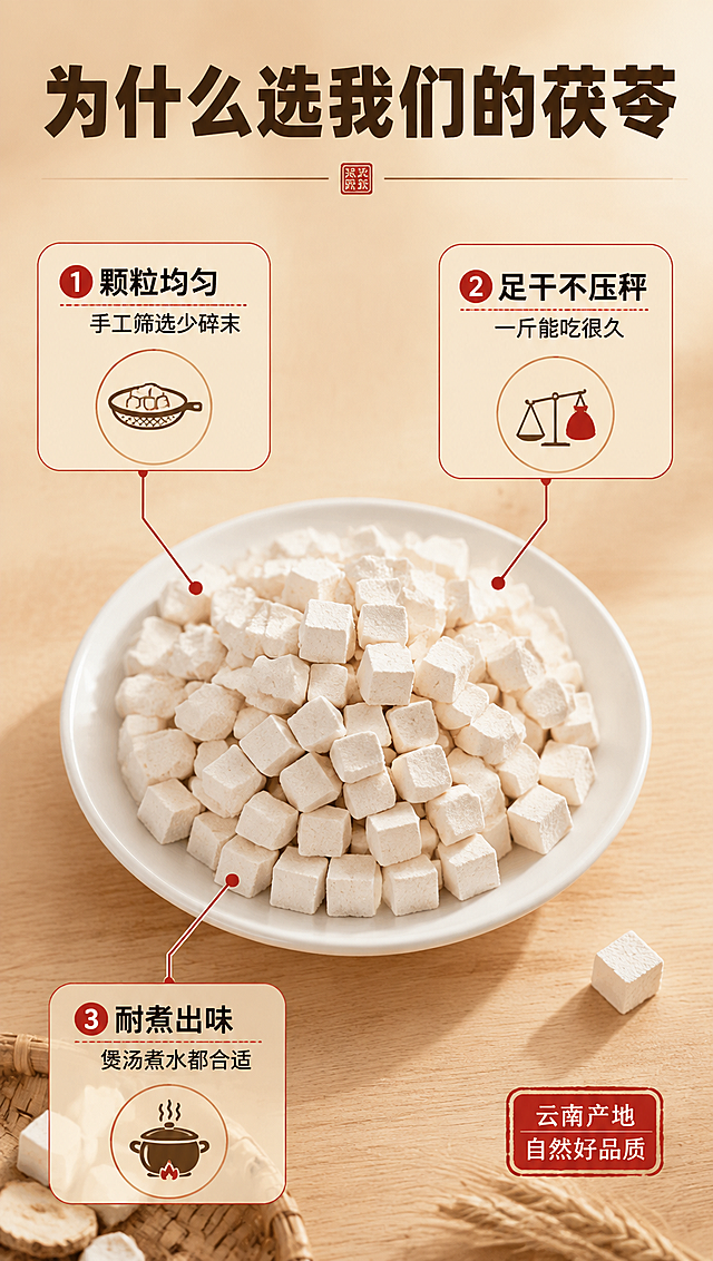 [商品] 使用【图1】云南白茯苓丁，白色方块状颗粒，保留真实外观、颜色、大小和质地，作为中心展示主体。
[画面] 第7张 卖点拆解·中心引线型。目标：围绕产品集中展示3大核心理由，强化品质认知。构图：竖版9:16，画面中心偏下位置是白盘盛放的茯苓丁主体（占画面约45%），从产品向四周引出3条带图标的引线，分别指向左上、右上、左下三个卖点信息区，右下留空或放小标签。背景为暖米色渐变+浅木纹底。前中后景：前景引线和卖点图标卡片，中景茯苓丁产品主体，后景暖调渐变背景。
[视觉] 套系策略：风格=拼多多接地气中式家常商业摄影风，暖调明亮，高信息密度；标题字=粗黑体大字，厚重醒目；正文字=简洁黑体，清晰易读；主色=暖米杏+原木棕；背景延展=基于暖米杏做深浅层级、同色渐变和细腻纸张/木纹质感；强调色=朱砂红，仅用于小面积标签、价格感图标、引线和重点高亮；标题色=深棕黑；正文色=中暖棕；组件=圆角红底白字标签、细线引线、中式印章式小标、数字编号图标；光影=左前侧暖柔光，产品立体有阴影。
[文字] 顶部主标题大字：「为什么选我们的茯苓」（8字），三条引线分别对应：「❶ 颗粒均匀 手工筛选少碎末」「❷ 足干不压秤 一斤能吃很久」「❸ 耐煮出味 煲汤煮水都合适」，文字全部横向排版，每个卖点配小图标，清晰易读。
[规格] 单屏比例9:16竖版，分辨率4K，负向提示：避免变形、错字、文字过小、冷蓝/蓝灰背景、茯苓颜色改变、虚假承诺、极限词、平台Logo水印。