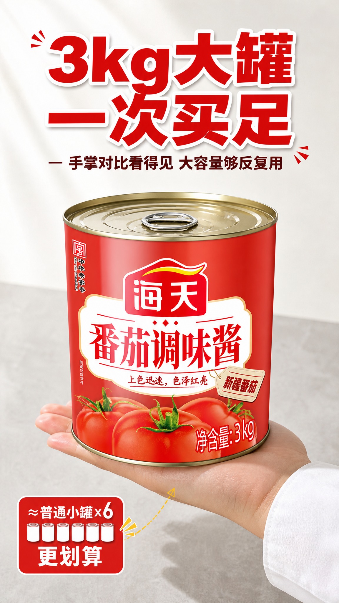 [商品] 使用【图1】海天番茄调味酱3kg大罐装；保留红色罐体… - 图片创意预览