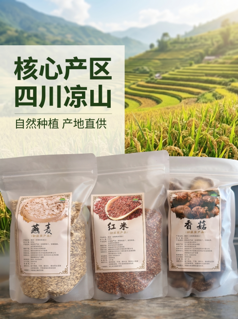 [主图 2] 杂粮核心产地展示主图。[氛围风格] 自然原生态风，真实自然产地氛围。[画质] 商业摄影质感，光线柔和通透，产品清晰真实，画面干净高级，超高清。[元素] 三袋燕麦红米香菇产品主体放置在画面预览效果