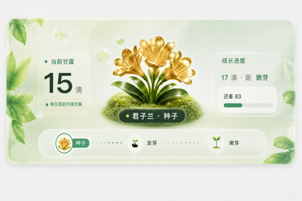 参考当前页面风格，生成君子兰金色花形态的顶部区域，保持相同布局和排版，替换图标为金色君子兰花朵，保留所有数据和文案信息，风格保持清新绿色并体现金色质感预览效果