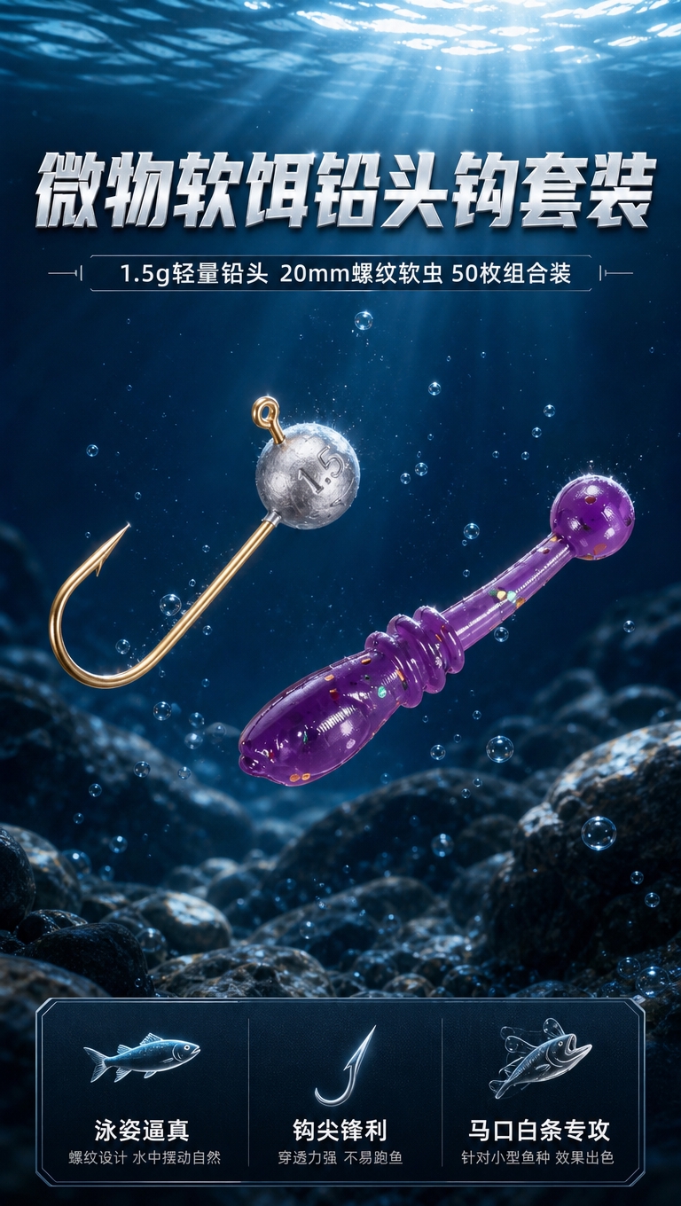 电商详情页头图，展示微物路亚铅头钩软饵套装。画面中央是银色球形… - 图片创意预览