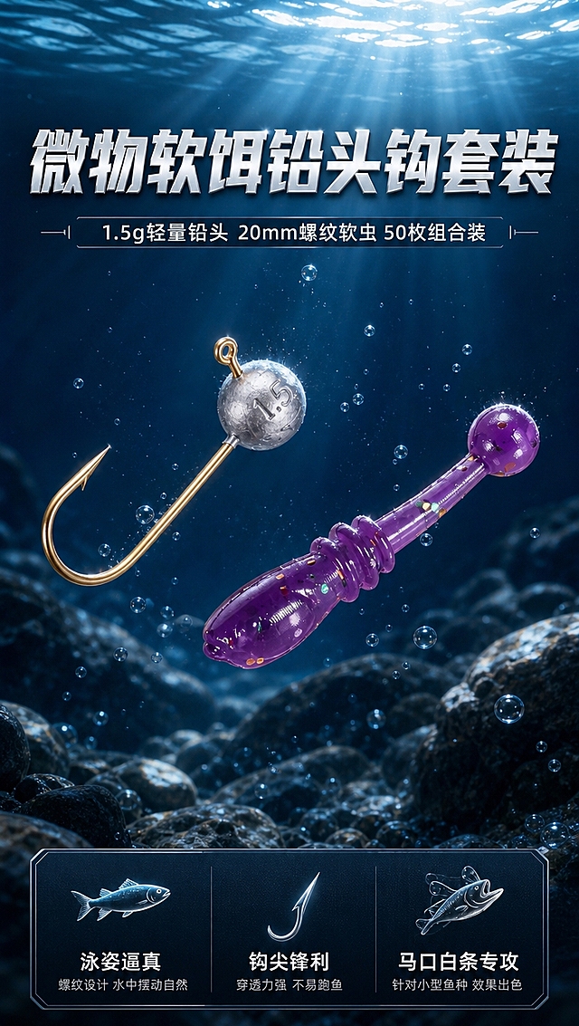 电商详情页头图，展示微物路亚铅头钩软饵套装。画面中央是银色球形铅头钩（金色钩身）和紫色透明螺纹软虫，悬浮在深蓝色水下环境中，周围有水泡和光线穿透水面的光束效果，背景是模糊的水下岩石。产品占画面55%，下方有深色信息卡区域。整体风格：户外路亚工业风商业摄影，深湖水蓝主色调，金属银高光点缀，硬朗专业感。文字：主标题「微物软饵铅头钩套装」，副标题「1.5g轻量铅头 20mm螺纹软虫 50枚组合装」，底部三个卖点标签「泳姿逼真」「钩尖锋利」「马口白条专攻」。9:16竖版，4K高清，产品结构清晰，光影真实。
