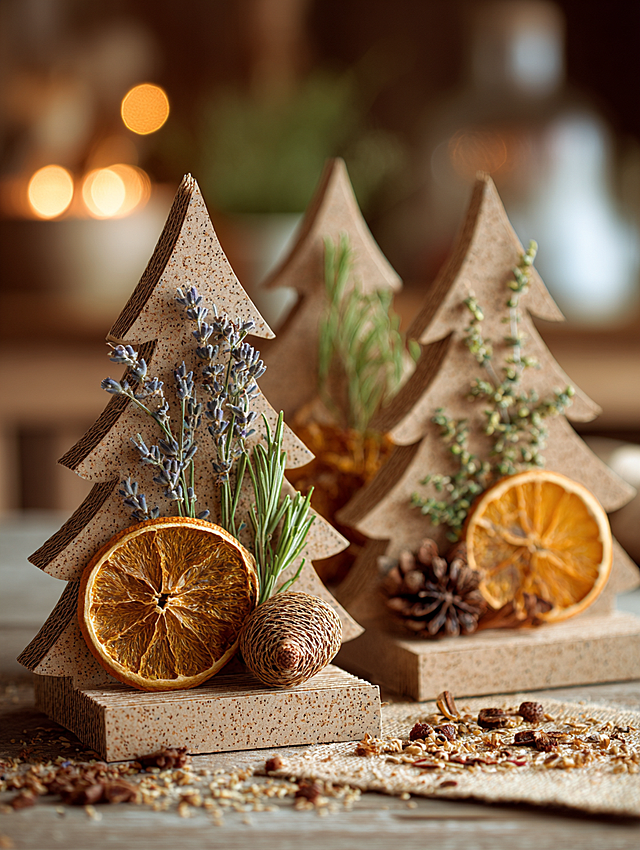 微缩艺术风木雕圣诞树，搭配干橙片、薰衣草与松果，质朴自然中透出温馨舒适感，实景拼贴构图，节日氛围浓郁。