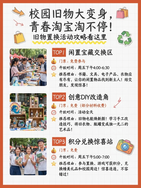 参考上传图片的布局设计和样式排版，制作一张校园旧物置换活动海报，突出核心概念"旧物置换"，自主设计青春活泼的主题标语，保持网格背景和橙色边框，整体为校园青春风格，活泼且有秩序感，海报信息排版完整清晰。预览效果