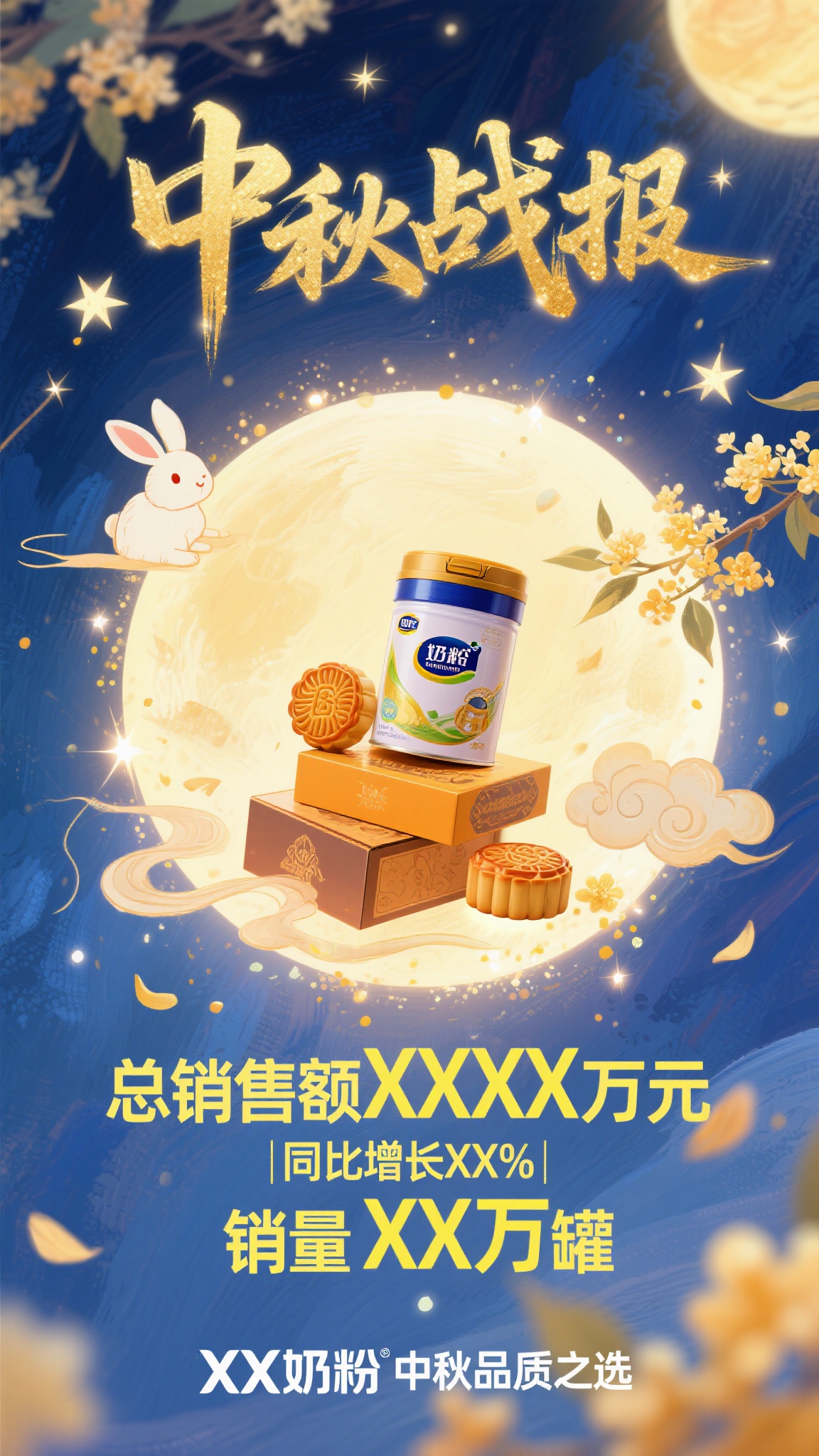 模板三：通用传播海报，中心圆形构图，内圈是品牌奶粉罐与月饼礼盒… - 图片创意预览