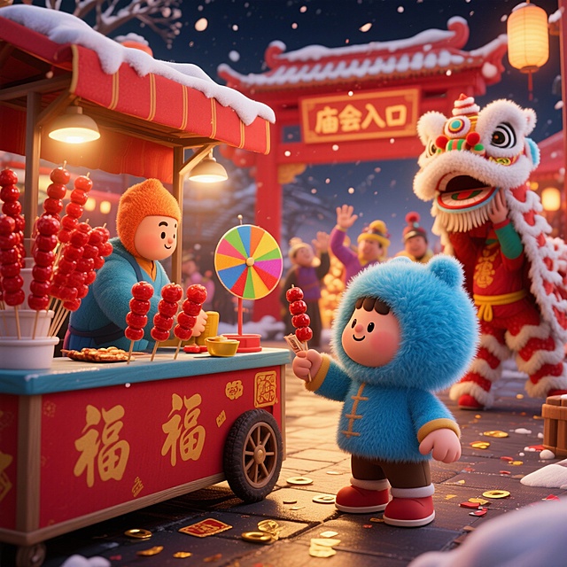 软3D国潮风，毛发生长质感卡通人物，雪夜庙会喜庆场景，糖葫芦摊与舞狮互动，温馨趣味十足，春节氛围浓郁。
