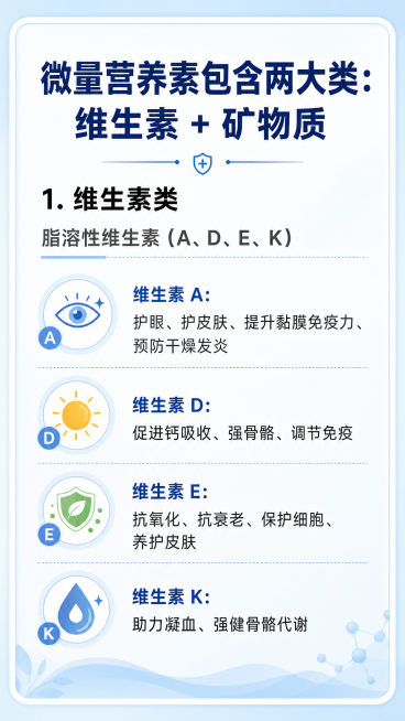 公众号科普贴图，干净浅蓝渐变背景，现代简约健康科普风格。
主标题加粗深蓝色："微量营养素包含两大类：维生素 + 矿物质"，
二级标题黑色加粗："1. 维生素类"，
三级标题深灰色："脂溶性维生素（A、预览效果