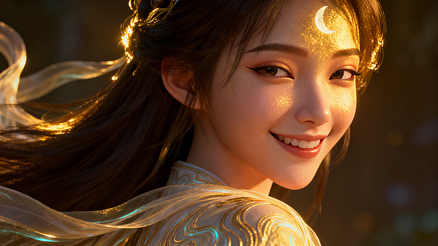 玄幻3D风格，近景：阿瑶转而笑起来，眼睛弯弯的