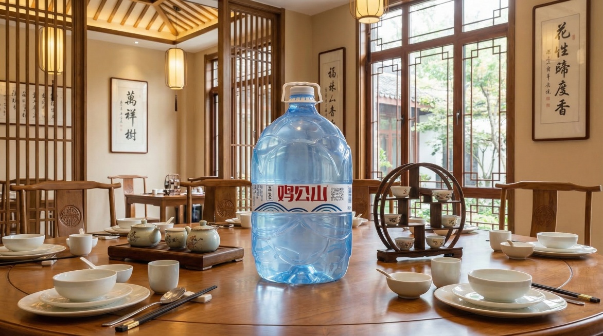 鸡公山桶装水放置在信阳饭店的用餐环境中，作为饭店饮用水展示，保持品牌Logo和包装文字原样，保持桶装水主体结构不变，饭店环境整洁雅致，信阳地域风格，自然真实的应用场景，光线柔和舒适预览效果
