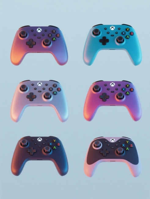 一系列6个不同造型的游戏手柄，保持统一的3D渲染风格，光滑渐变的材质，高光泽度表面，柔和的光影效果，每个手柄采用完全不同的整体色彩搭配，所有手柄元素规整排布在纯色背景上，每个手柄都包含完整的游戏控制元素如方向键、操作按钮、摇杆和功能按键，整体呈现出科技感与时尚感的平衡，设计简洁现代，视觉层级清晰，信息传达高效，符合游戏设备的目标受众审美，具有强烈的设计感和视觉吸引力。预览效果