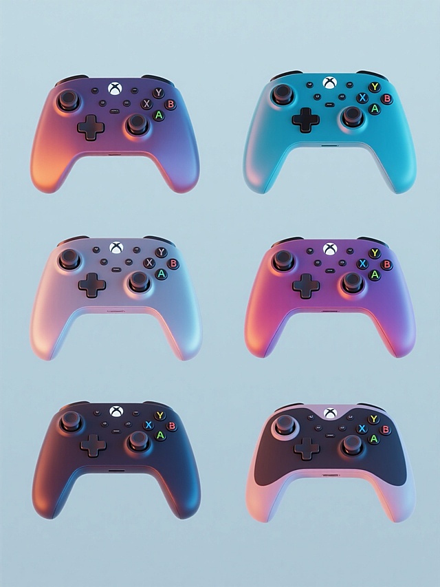 一系列6个不同造型的游戏手柄，保持统一的3D渲染风格，光滑渐变的材质，高光泽度表面，柔和的光影效果，每个手柄采用完全不同的整体色彩搭配，所有手柄元素规整排布在纯色背景上，每个手柄都包含完整的游戏控制元素如方向键、操作按钮、摇杆和功能按键，整体呈现出科技感与时尚感的平衡，设计简洁现代，视觉层级清晰，信息传达高效，符合游戏设备的目标受众审美，具有强烈的设计感和视觉吸引力。