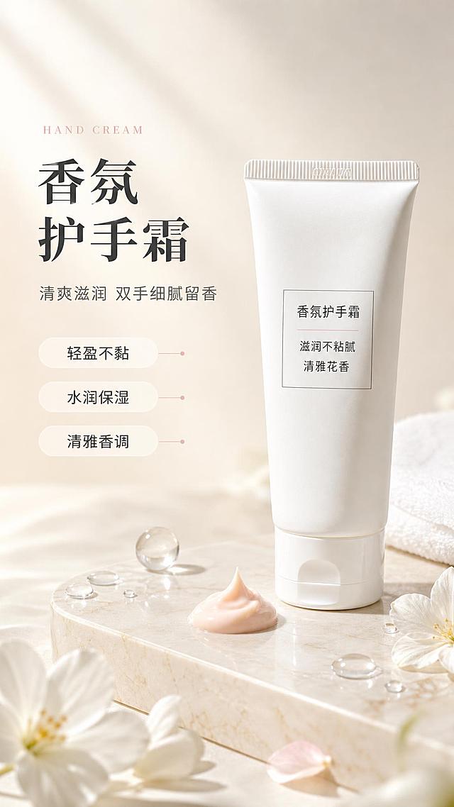 [商品] 使用【图1】香氛护手霜；保留白色软管包装、白色翻盖、管身标签文字布局、整体圆柱形比例和白色颜色；增强软管哑光质感和盖子光泽，不改变外形结构和颜色。
[画面] 详情页第1张美感头图海报，目标建立清新高级的护肤质感基调。护手霜管身正面微侧45度居中偏右放置，主体占画面约40%。护手霜放在米白色大理石台面上，旁边有一小坨淡粉色膏体、透明水珠、白色花朵和毛巾一角，自然点缀。背景为奶白色到浅米色的柔和渐变，左侧有柔和的自然光照射，形成清新光影。画面左侧大面积留白放标题文案。三层视觉层次：前景花朵和水珠、中景护手霜主体、背景柔焦渐变。整体清新治愈、高级护肤品牌质感。
[视觉] 套系策略：风格=清新治愈高级护肤摄影 自然光 杂志质感；标题字=优雅衬线粗体；正文字=简洁无衬线体；主色=奶白+米杏；背景延展=基于奶白和米杏做深浅渐变、大理石/丝绸/纸张质感延展；强调色=淡粉色，仅用于小面积装饰线、标签点缀和图标；标题色=深炭灰；正文色=暖灰；组件=细线分隔、圆角浅底标签、粉色引线；光影=左上方自然光 柔和漫射 清透感。
[文字] 画面左侧约三分之一处留白放文案。主标题："香氛护手霜"，深炭灰优雅衬线粗体，字号大；主标题上方小号英文装饰："HAND CREAM"，淡粉色细体；主标题下方副标题："清爽滋润 双手细腻留香"，暖灰无衬线体，字号约为主标题的40%；副标题下方三个圆角奶白色胶囊标签竖排，分别写"轻盈不黏""水润保湿""清雅香调"，标签文字深炭灰小号。文字不遮挡护手霜主体。
[规格] 图片比例9:16竖版，4K，避免变形、错字、文字过小、冷蓝背景、护手霜形状改变、颜色失真、悬浮、水印、平台Logo。