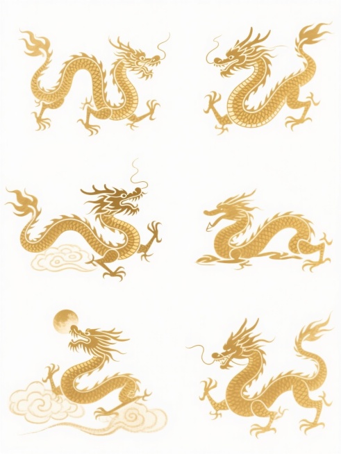 中国传统水墨风格的系列龙纹图案，白色背景，六个完全不同造型的金色龙元素，每个龙的姿态各异，有的盘旋上升，有的俯冲向下，有的回首望月，有的腾云驾雾，有的静卧沉思，有的蓄势待发，保持原有的水墨笔触质感和线条流畅度，规整排布成两行三列的集合，整体色彩变换为金色，突出龙的威严与尊贵，展现中国传统文化的韵味与气势预览效果