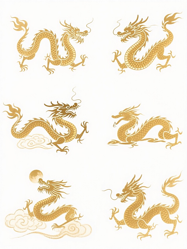 中国传统水墨风格的系列龙纹图案，白色背景，六个完全不同造型的金色龙元素，每个龙的姿态各异，有的盘旋上升，有的俯冲向下，有的回首望月，有的腾云驾雾，有的静卧沉思，有的蓄势待发，保持原有的水墨笔触质感和线条流畅度，规整排布成两行三列的集合，整体色彩变换为金色，突出龙的威严与尊贵，展现中国传统文化的韵味与气势