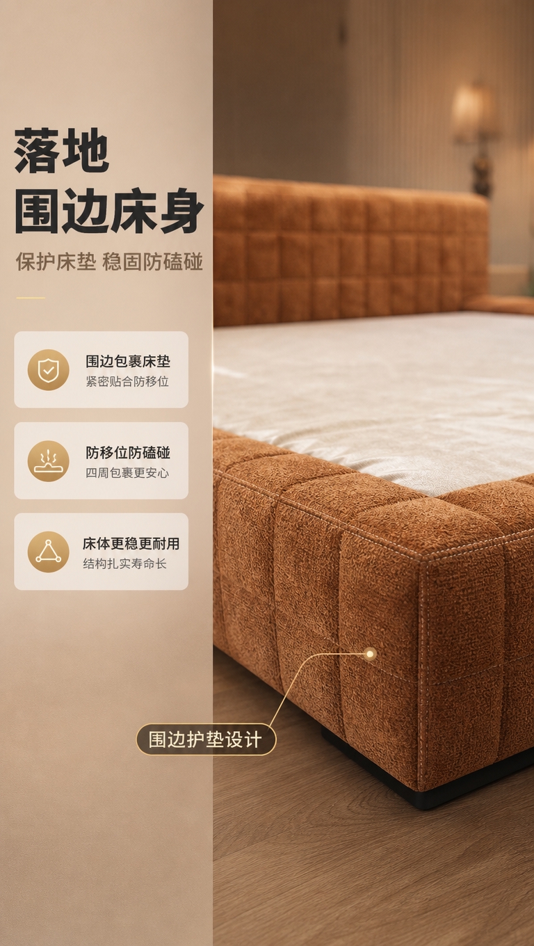 [商品] 使用【图1】棕色方格软包落地围边床；保留落地围边床身… - 图片创意预览