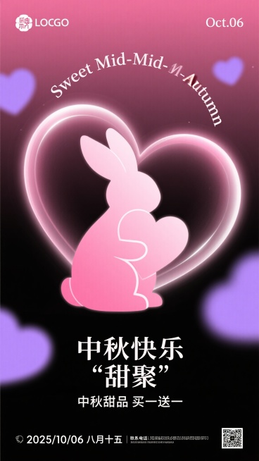 中秋节主题海报，背景为粉色渐变，点缀浅紫色爱心光斑，营造甜蜜氛围。中央是抽象化粉色玉兔捧爱心剪影，被两个半透明爱心圆环环绕，上方圆环有英文“Sweet Mid-Autumn”。顶部左侧放品牌LOGO及预览效果