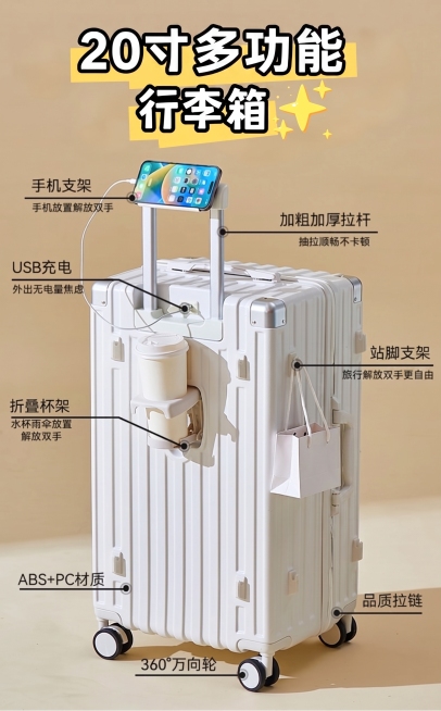 将图片顶部标题文字从“24寸超强收纳行李箱”修改为“20寸多功能行李箱”，保留原图其他所有内容、布局和设计风格不变预览效果