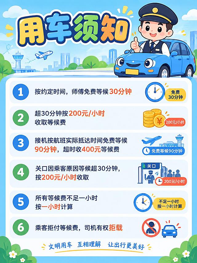 简洁卡通风格的用车须知海报，竖版3:4比例，画面活泼可爱，配色清新明亮。顶部大标题写着"用车须知"四个卡通大字。画面中有可爱的卡通司机师傅和小汽车形象，搭配简洁的图标元素。海报上清晰展示以下文字内容：

"用车须知"

1. 按约定时间，师傅免费等候30分钟
2. 超30分钟按200元/小时收取等候费
3. 接机按航班实际抵达时间免费等候90分钟，超时收400元等候费
4. 关口因乘客原因等候超30分钟，按200元/小时收取
5. 所有等候费不足一小时按一小时计算
6. 乘客拒付等候费，司机有权拒载

整体设计简洁明了，卡通插画风格，文字清晰易读，布局合理美观，适合作为用车服务须知海报使用。