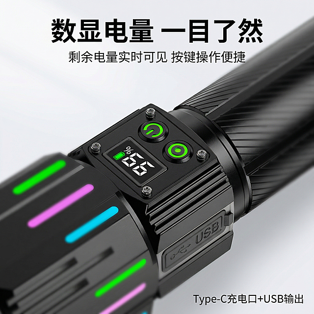 [主图 3] 手电筒功能细节特写图
[氛围/风格] 特写突出细节，清晰专业科技感
[画面元素] 对焦放大展示手电筒的数显屏和按键控制区域，保留产品原有外观和细节，背景做虚化处理突出细节部分
[配色色系] 保持产品本身黑+绿配色，背景浅灰虚化突出主体
[视角构图] 局部特写构图，对焦在显示屏控制区，景深较浅背景虚化
[文字版式] 顶部主标题 "数显电量 一目了然" 加粗黑色大字，下方标注 "剩余电量实时可见 按键操作便捷"，右下角标注 "Type-C充电口+USB输出" 小字说明，文字排版不遮挡核心细节区域
[比例分辨率] 1:1 比例，2k 分辨率。保持产品细节与原图完全一致，仅调整背景和添加文案