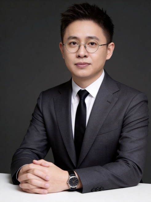 参考图1保留身材轮廓，将人脸替换为参考图2/3的男性五官脸型特征，保持发型和深灰色西装穿搭，生成双手交叠于桌上的专业男士商务形象照，深灰色纯色背景，财经老师专业气质，画质清晰，肤色均匀自然，保留真实皮预览效果