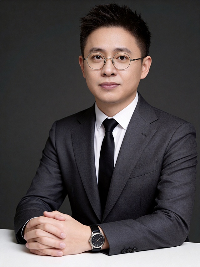 参考图1保留身材轮廓，将人脸替换为参考图2/3的男性五官脸型特征，保持发型和深灰色西装穿搭，生成双手交叠于桌上的专业男士商务形象照，深灰色纯色背景，财经老师专业气质，画质清晰，肤色均匀自然，保留真实皮肤质感，正式干练，3:4比例
