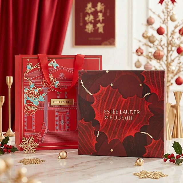 更换为与雅诗兰黛礼盒风格相符的新年氛围感背景，保持两个礼盒原有位置、结构和文字Logo完全不变，保持产品物理结构不变，文字不变。背景采用轻奢优雅的红金新年主题，精致浅色大理石桌面，点缀金色装饰和红色冬青枝叶，营造节日高级氛围，商业高调摄影，柔和漫射光，画面明亮通透，带有前中后景层次。负向提示词：瓶身扭曲，Logo变形，文字错误，多余的部件，西方面孔，金发，深眼窝，雀斑，杂乱房间，死黑阴影，硬光，乡村风，摄影灯，柔光箱，三脚架，水印，文字，昏暗光线，畸变透视，比例失调