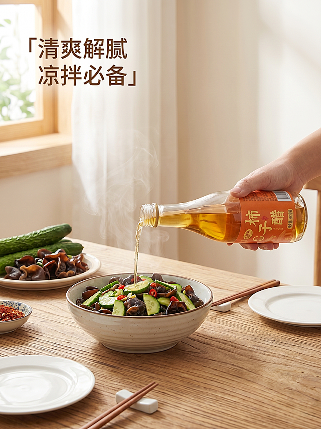 [日常场景 1] 凉拌菜使用场景，保持柿子醋瓶子外观形状标签颜色和原图一致，杜绝变形色差。展示夏日清爽凉拌木耳黄瓜，柿子醋瓶放在旁边，正在往沙拉碗中倒醋，醋酸雾气微微升起，突出清爽解腻的食用效果。背景是干净的北欧风餐桌面，搭配简约陶瓷餐具，氛围感清新自然。画质美食商业摄影质感，清晰通透，诱人食欲。光影使用窗边自然光，明亮清爽，突出食材新鲜色泽。配色以食材绿色、白色陶瓷、木色桌面为主，搭配产品橙色点缀，清新明快。第一人称平视视角，沉浸式日常场景。文字排版左上标题「清爽解腻 凉拌必备」简约字体，不遮挡主体食材和产品。比例分辨率3:4比例，2k分辨率，文字清晰，超高清。负向提示词：变形，水印，文字错乱，产品模糊，色彩暗沉，遮挡主体。