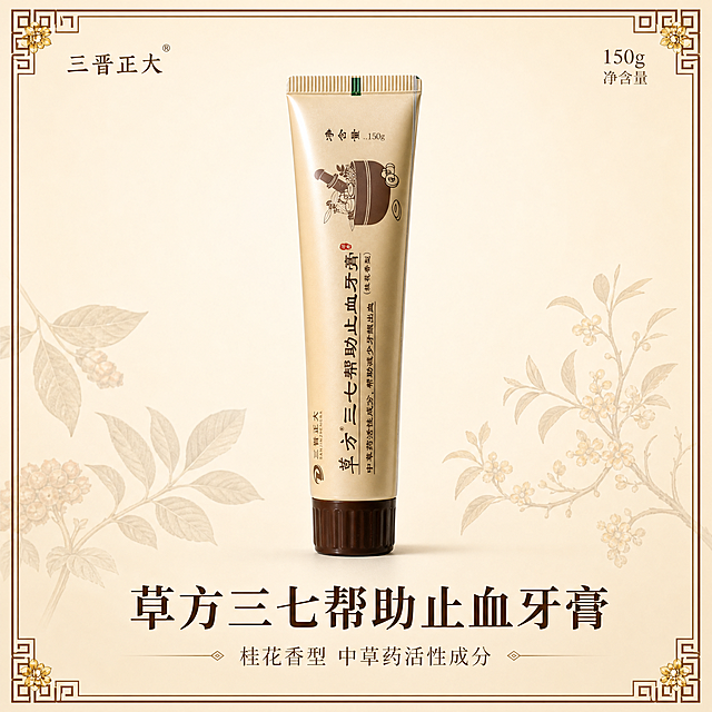 [主图-1 带介绍边框主图] 草方三七帮助止血牙膏150g（桂花香型），牙膏管实物居中展示，带中式精致介绍边框的首图。
[统一基调] 高端中式草本风格，米白浅米色主背景，深棕赭石标题字，桂花金点缀色，细衬线字体，中式回纹细边框元素，京东简洁稳重质感，文字占比小于30%。
[画面] 牙膏管竖直居中，占画面约60%，产品外观、颜色、文字、图案与输入图完全一致，不得有任何变化。牙膏管外围环绕一圈精致的中式回纹细边框，边框为深棕色细线，四角有桂花金小装饰。边框内左上角放品牌名"三晋正大"，边框内右上角放"150g 净含量"。边框下方居中位置放主标题"草方三七帮助止血牙膏"，主标题下方放小字副标题"桂花香型 中草药活性成分"。背景为渐变米白色，底部有淡淡的草本植物剪影（三七叶、桂花枝）作为氛围点缀，不抢主体。
[光影质感] 商业静物摄影质感，柔光箱均匀打光，产品正面明亮，底部有柔和接触阴影，牙膏管表面有细腻的塑料软管材质反光，整体干净通透。
[配色] 米白主背景，深棕主标题字，桂花金点缀，整体暖调雅致。
[文字版式] 细衬线字体，主标题最大号粗体深棕色，副标题小号浅棕色，品牌名和净含量最小号。所有文字横排，放在边框内的负空间，不遮挡产品主体。
[输出要求] 1:1正方形，2048x2048，产品清晰锐利，文字清晰可读，无变形无错字。禁止出现：第二件、半件、一瓶即净、一瓶搞定、保证、根治、加赠、赠品、最、第一、100%、京东Logo、水印、其他产品辅助物。