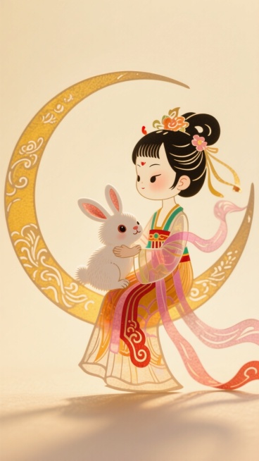 一个嫦娥装扮的迷你的Q版小女孩抱着白色小兔子坐在月亮上，干净的浅黄色背景预览效果