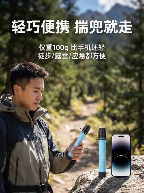 以图中的浅蓝色便携式户外净水过滤器为主体，手持便携性详情页图，户外徒步场景，亚洲男性户外爱好者身着冲锋衣，单手轻松握住过滤器，旁边放置一部手机作为尺寸参照，直观展示产品小巧的尺寸。背景是模糊的登山步道预览效果