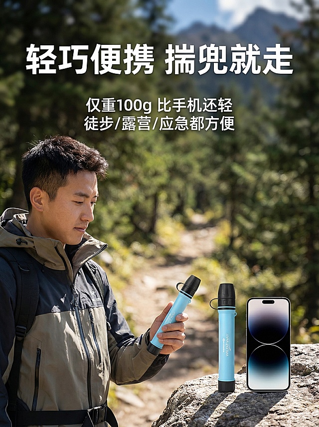 以图中的浅蓝色便携式户外净水过滤器为主体，手持便携性详情页图，户外徒步场景，亚洲男性户外爱好者身着冲锋衣，单手轻松握住过滤器，旁边放置一部手机作为尺寸参照，直观展示产品小巧的尺寸。背景是模糊的登山步道景色，阳光明亮。上方文字主标题“轻巧便携 揣兜就走”，下方标注“仅重100g 比手机还轻 徒步/露营/应急都方便”，字体为白色无衬线粗体，放置在画面顶部负空间，不遮挡人物和产品，突出便携属性。