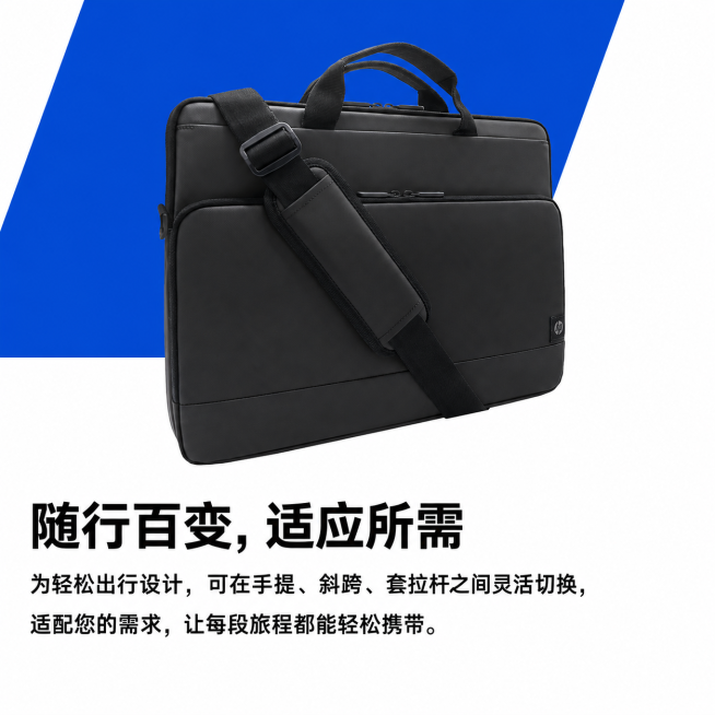 保留原图布局，将所有英文替换为简体中文翻译：主标题“随行百变，适应所需”，正文“为轻松出行设计，可在手提、斜跨、套拉杆之间灵活切换，适配您的需求，让每段旅程都能轻松携带。”，字号不小于25号，优化排版预览效果