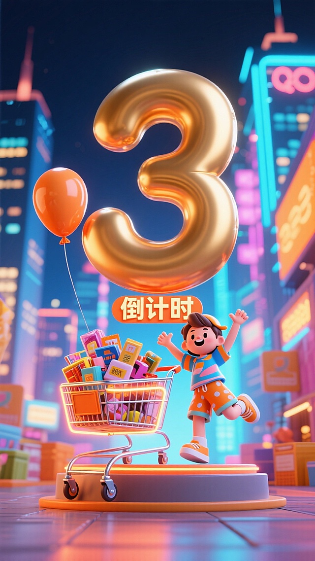 未来感3D风设计，软3D与霓虹灯元素结合，营造梦幻购物节氛围。