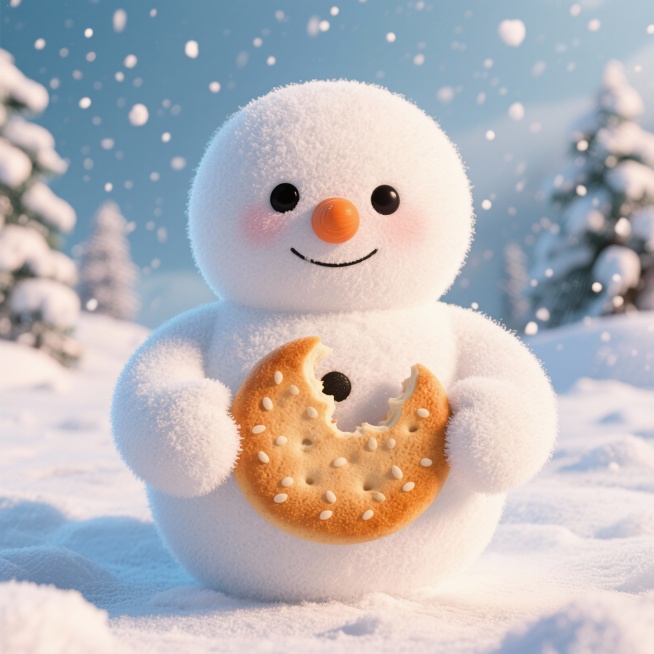一个雪白毛绒绒的雪人，圆滚滚的身体，戴着胡萝卜鼻子和黑色纽扣眼睛，双手捧着一个吃了一半的毛绒绒的烧饼，烧饼表面有芝麻纹理，背景是冬日雪地，天空飘着细小雪花，整体风格可爱软萌预览效果