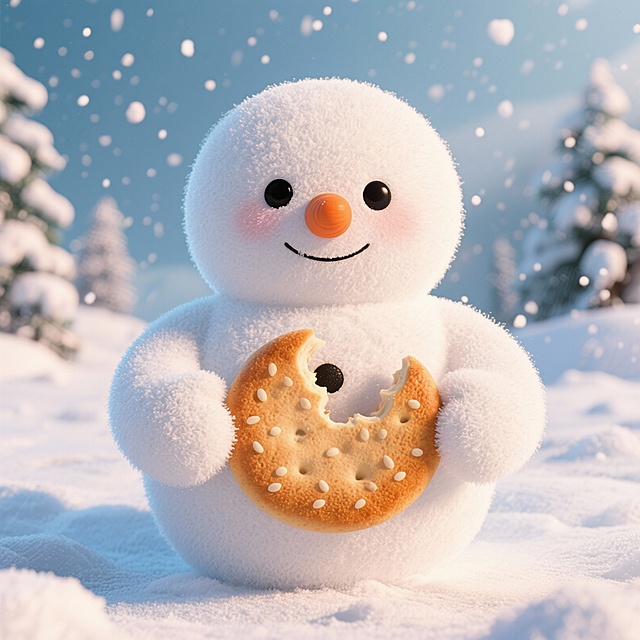 软3D风格雪人萌趣十足，拟人化表情搭配毛发生长质感，手持咬了一口的饼干，冬日雪景中洋溢可爱与温馨，梦幻氛围满溢。
