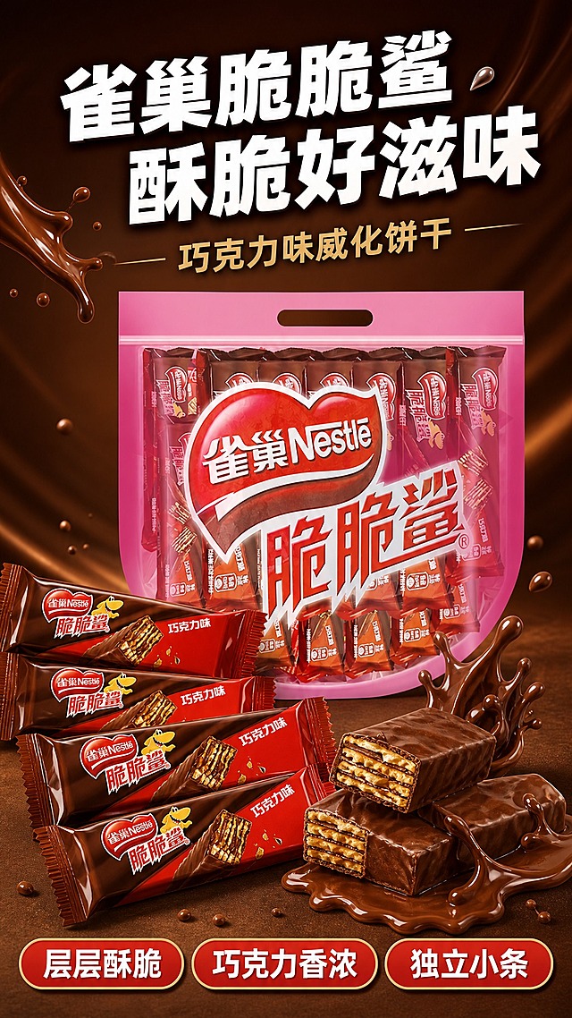 [第1张 食欲氛围头图]

[商品] 雀巢脆脆鲨巧克力味威化饼干，包含：粉色U形礼袋装（透明袋身可见内部小条，袋身有红色心形雀巢脆脆鲨logo）、红棕色独立小条包装（保留原图小条包装细节：雀巢logo、脆脆鲨文字、鲨鱼卡通、巧克力味标识、威化图案）、掰开的威化饼干（多层夹心+巧克力涂层）。完整保留所有包装细节、颜色、文字、logo，与参考图完全一致。

[画面] 页面目标：食欲头图，主打酥脆巧克力威化。产品海报型，上文下图。顶部30%放主标题和副标题；中部55%为产品主体展示区：粉色U形礼袋居中靠后，前方散落多根红棕色小条，右下角摆放掰开的威化饼干（展示多层夹心和巧克力流淌效果），巧克力酱飞溅点缀；底部15%放核心卖点标签。产品占画面约55%，景别中景，阅读动线从上到下。

[视觉] 风格=抖音内容电商风 食欲感 暖棕色调；标题字=粗黑体 厚重有力；正文字=简洁无衬线体；主色=巧克力棕+红色+粉色；背景延展=深棕色渐变到暖棕色，巧克力质感纹理；强调色=正红，用于标签和重点；标题色=白色/金色；正文色=浅米色；组件=圆角胶囊标签、巧克力飞溅装饰；光影=暖光侧打，巧克力有光泽，威化层次清晰。

[文字] 顶部主标题：超大粗黑体白字"雀巢脆脆鲨 酥脆好滋味"；副标题：稍小金字"巧克力味威化饼干"；底部3个圆角红底白字标签："层层酥脆"、"巧克力香浓"、"独立小条"。文字全部横排，不遮挡主体。

[规格] 比例9:16竖版，负向：变形、错字、糊字、伪Logo、主体遮挡、背景杂乱、低清晰度、悬浮、水印、平台logo、竖排文字。